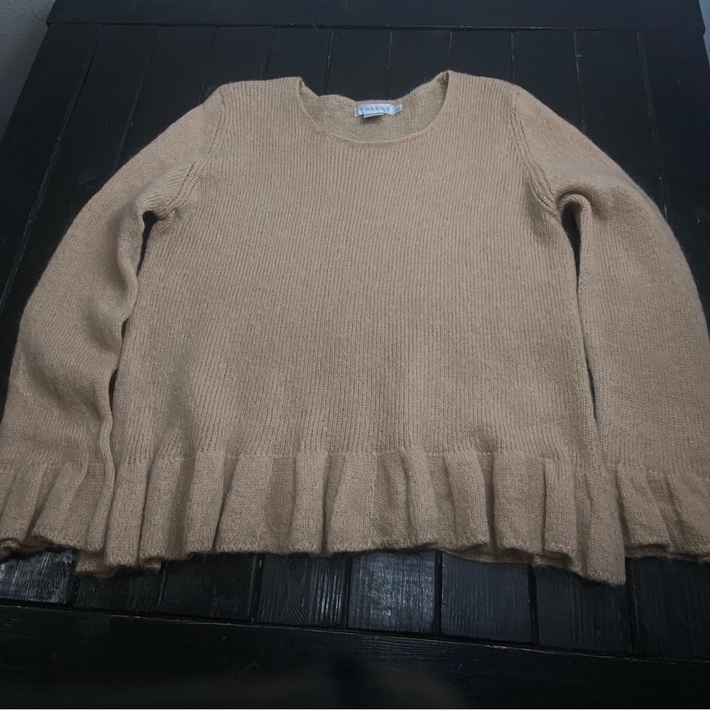 Tweeds Womens L Mohair Ruffled‎ Cuffs Long Sleeve Sweater Tan